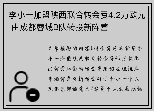 李小一加盟陕西联合转会费4.2万欧元 由成都蓉城B队转投新阵营